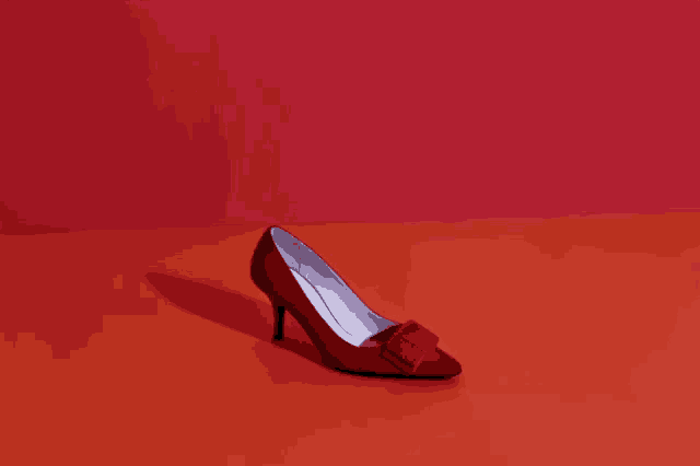 a red shoe with a bow sits on a red background