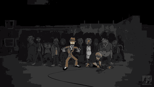 a cartoon of a man standing in front of a crowd