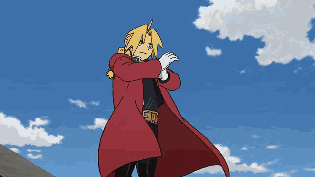 edward elric from full metal alchemist stands in front of a blue sky with clouds
