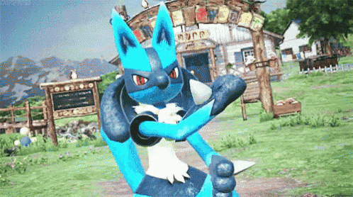 a blue and white pokemon is standing in a field with a building in the background .