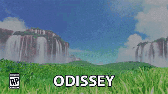 a cartoon character is standing in front of a waterfall and the word odissey is on the bottom