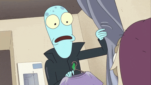 a cartoon character is holding a purple shirt with a green hanger