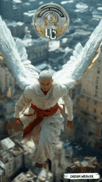 a man with white wings is flying over a city with a logo for the universe community uc