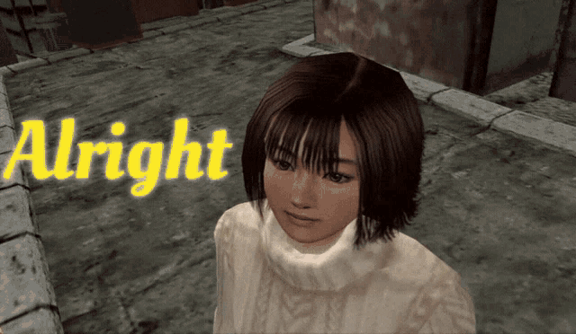 a woman in a white sweater stands in front of a sign that says " alright "