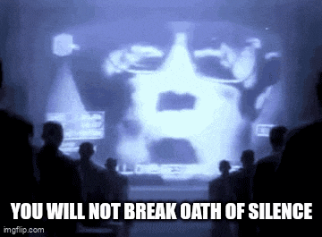 a group of people are standing in front of a screen that says `` you will not break oath of silence ''