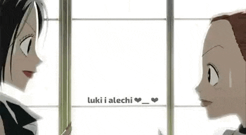 two anime girls are standing next to each other in front of a window and looking at each other .