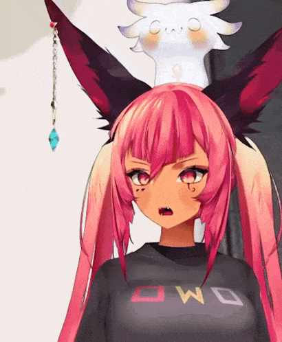 a girl with pink hair is wearing a shirt that says owo on it