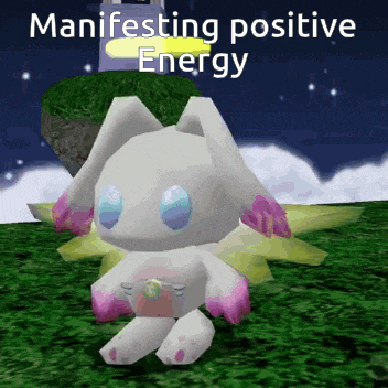 a white rabbit with pink ears is sitting in the grass with the words manifesting positive energy above it