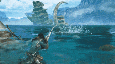 a man is fishing in a video game with a giant monster in the background