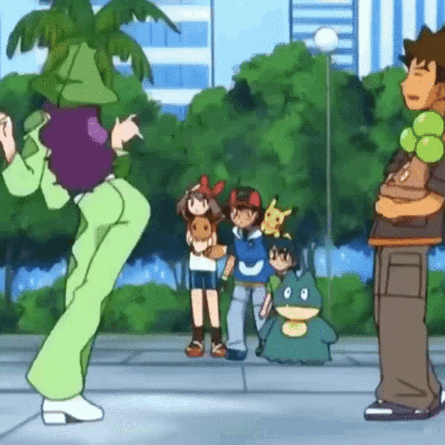 a group of cartoon characters are standing next to each other on a sidewalk in a park .