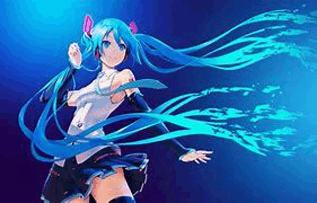 hatsune miku is a female anime character with long blue hair and a blue background .