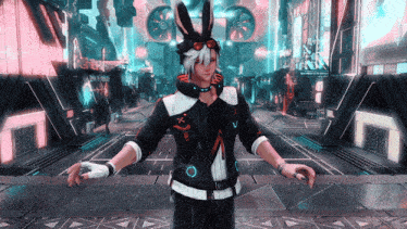 a man with bunny ears and goggles stands in front of a futuristic city