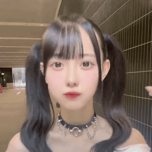 a girl with pigtails is wearing a choker and earrings .