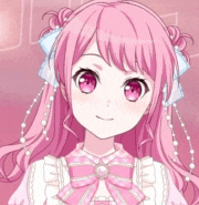 a girl with pink hair is wearing a pink dress with a bow and pearls .