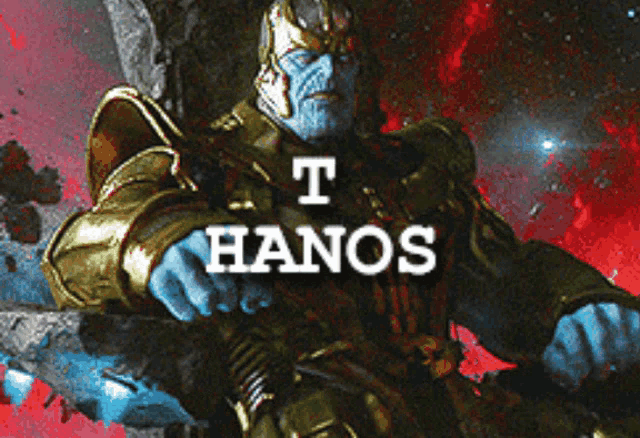 a poster of thanos sitting on a throne with the words t hanos above him