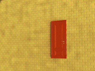 a red door is open to a room with a painting of a face on the wall
