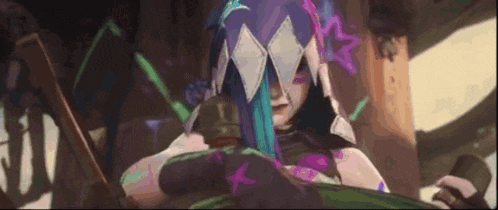 a cartoon character with purple and blue hair is sitting in a chair holding a sword .