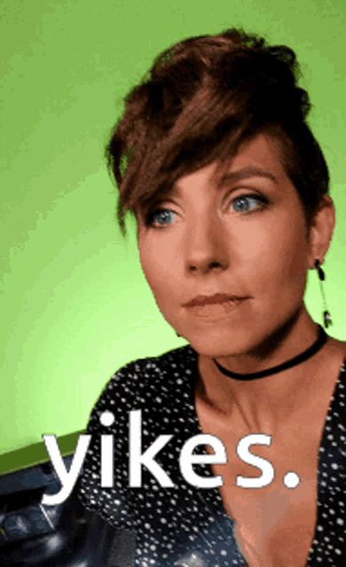a woman wearing a choker and earrings has the word yikes written on her face