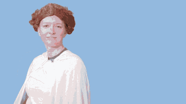 a woman with red hair is smiling in front of a blue background with the words you 're our only hope
