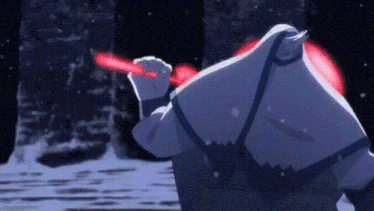 a cartoon character is holding a red object in his hand while standing next to a body of water .