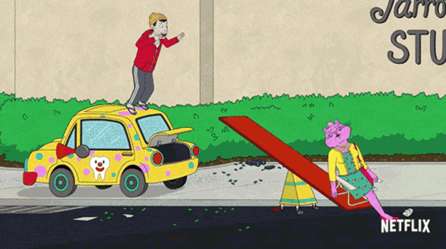 a cartoon shows a man standing on top of a yellow car