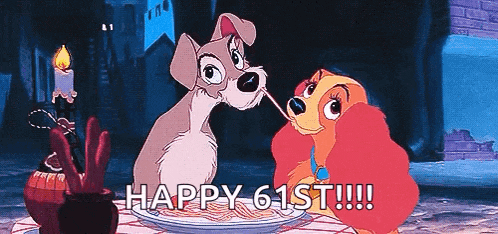 lady and the tramp eating spaghetti with the words happy 61st !!! below them