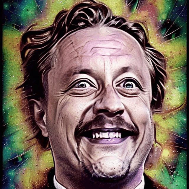 a painting of a man with a beard smiling with a colorful background