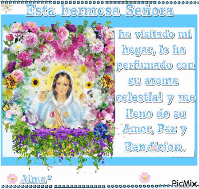 a picture of a woman surrounded by flowers with the words " esta hermosa señora "