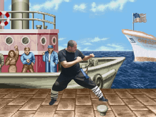 a pixel art of a man standing in front of a ship that says gargoyle