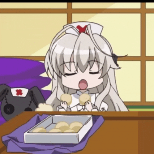 a cartoon nurse is sitting at a table with a box of doughnuts