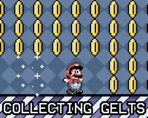 a video game with mario and the words collecting gelts on the bottom