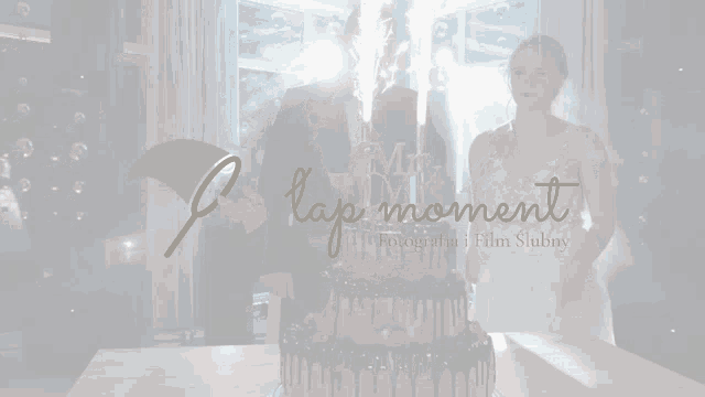 a blurred image of a bride cutting a cake with the words lap moment written below her