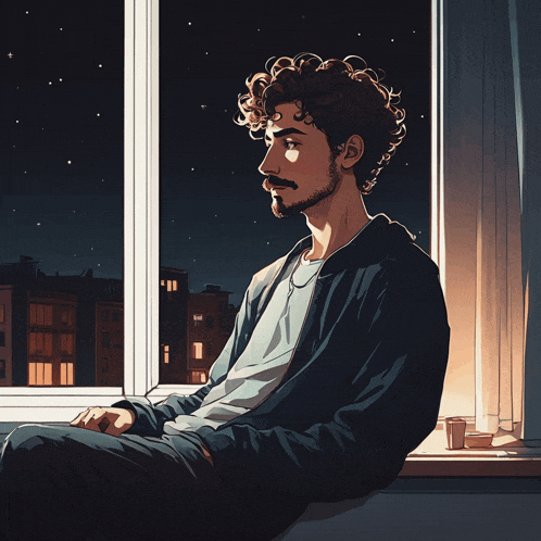 a drawing of a man sitting on a window sill looking out at night