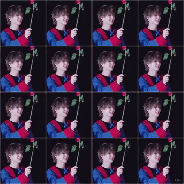 a collage of images of a young man holding a rose