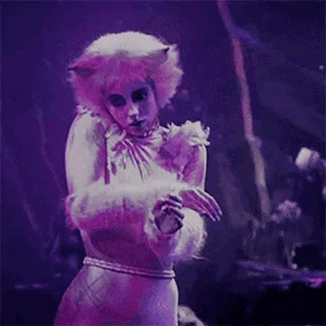 a woman in a cat costume is dancing on a stage in a purple room .