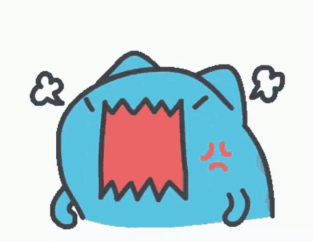 a cartoon drawing of a blue cat with a red mouth