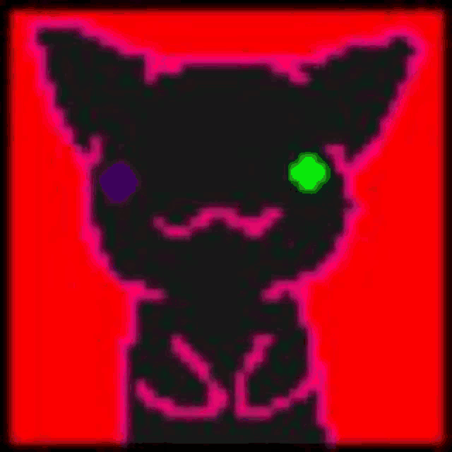 a pixel art drawing of a black cat with a mustache and green eyes on a red background .