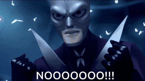 a cartoon character is holding a pair of knives and the words nooooooo !!! are visible