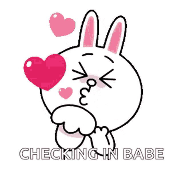 a cartoon rabbit is blowing a kiss with a heart in his eyes and the words `` checking in babe '' .