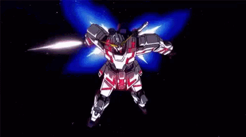 a red and white robot is flying through the air with a sword in its hand .