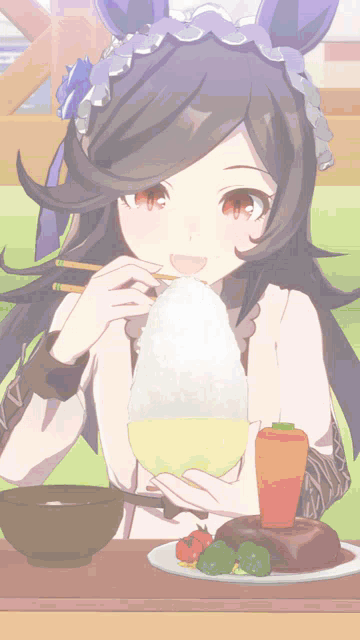 a girl in a purple headband is eating rice