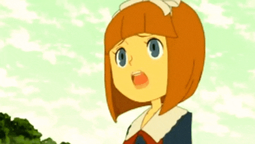 a cartoon girl with red hair and blue eyes is standing in front of a tree .