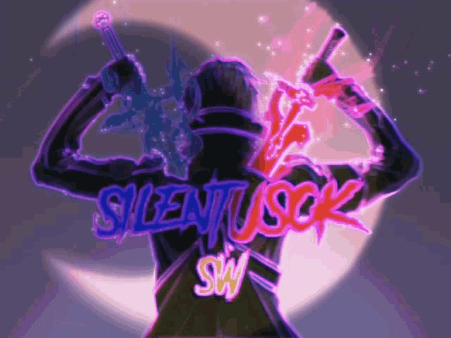a man holding a sword in front of a pink moon with the words silentusok sw on the bottom
