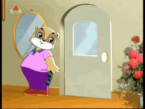 a cartoon bear is standing in front of a door and a mirror