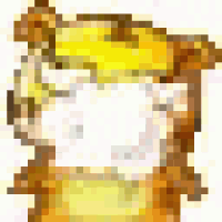 a pixel art of a cartoon character with a yellow hat and a white face .