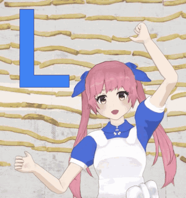 a girl with pink hair is standing in front of a wall of french fries