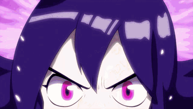 a girl with purple hair and pink eyes looks angry