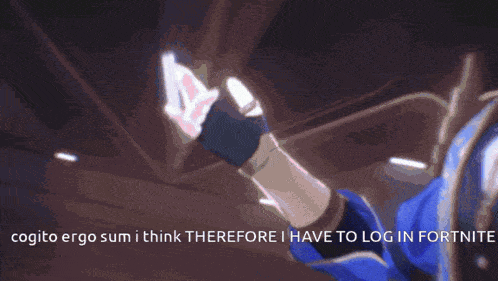 a cartoon character with a flower on his head and the words cogito ergo sumi i think therefore i have to log in fortnite below