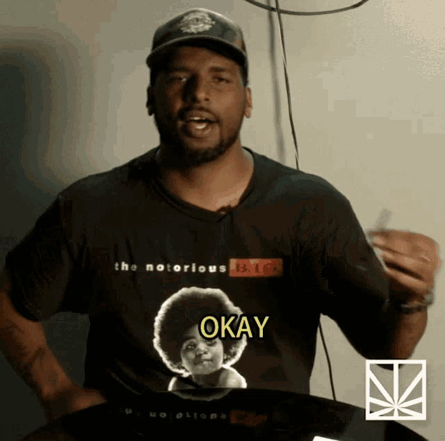 a man wearing a black shirt that says the notorious big on it
