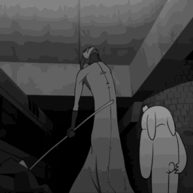 a black and white drawing of a person holding a cane